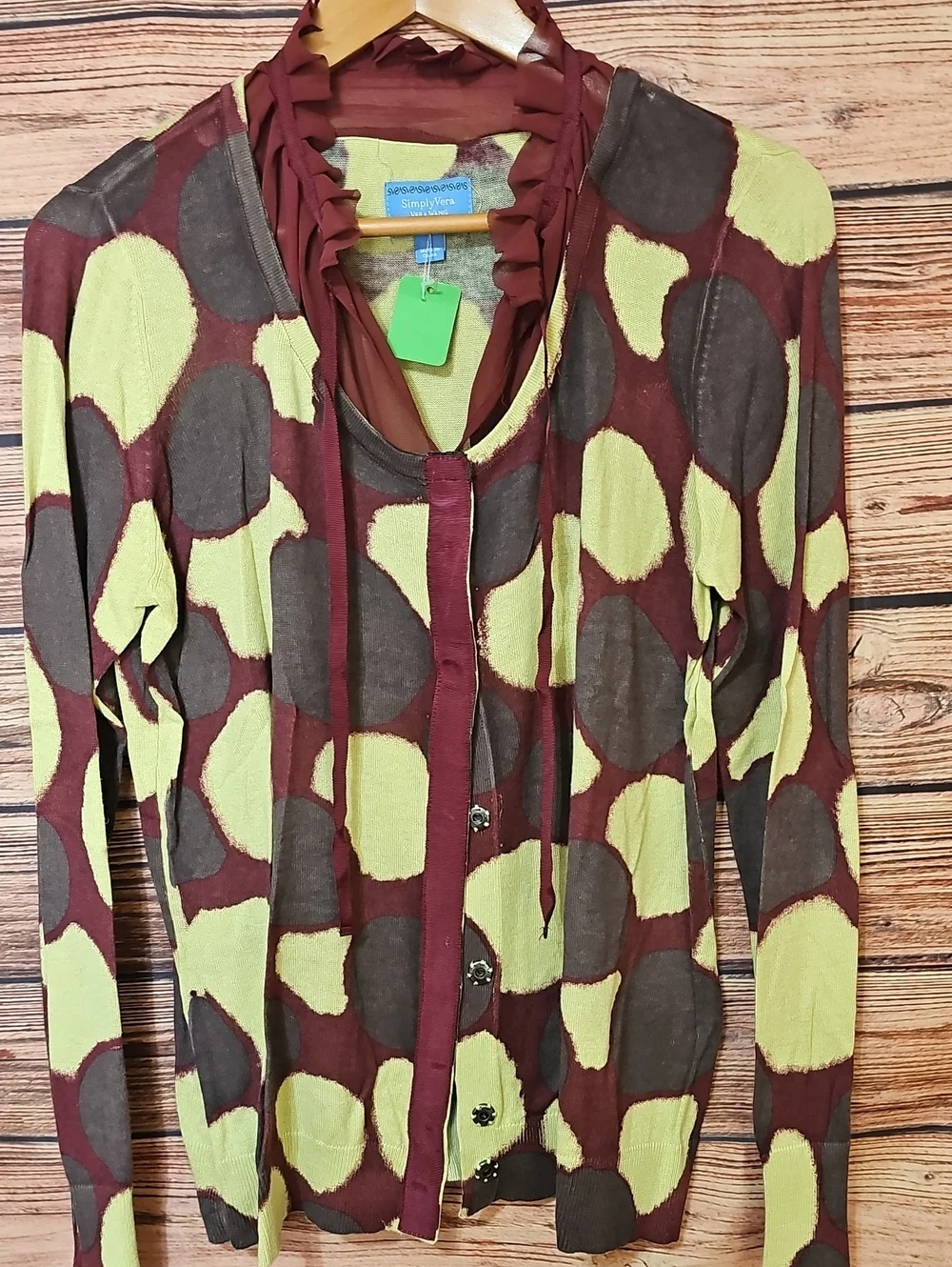 Simply Vera Vera Wang Maroon and Lime Green Polka Knit Cardigan